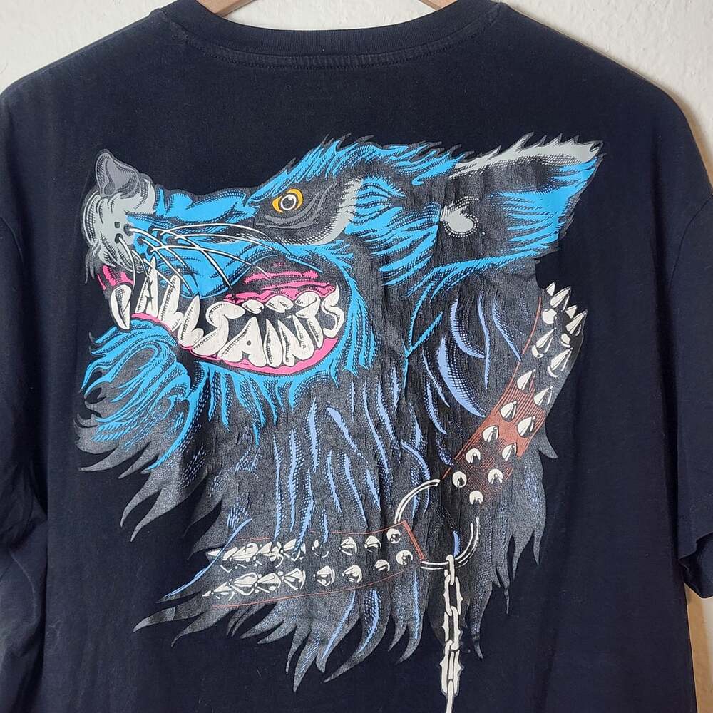 AllSaints Shirt Mens Small Black Gnasher Wolf Graphic Tee Streetwear Back Print